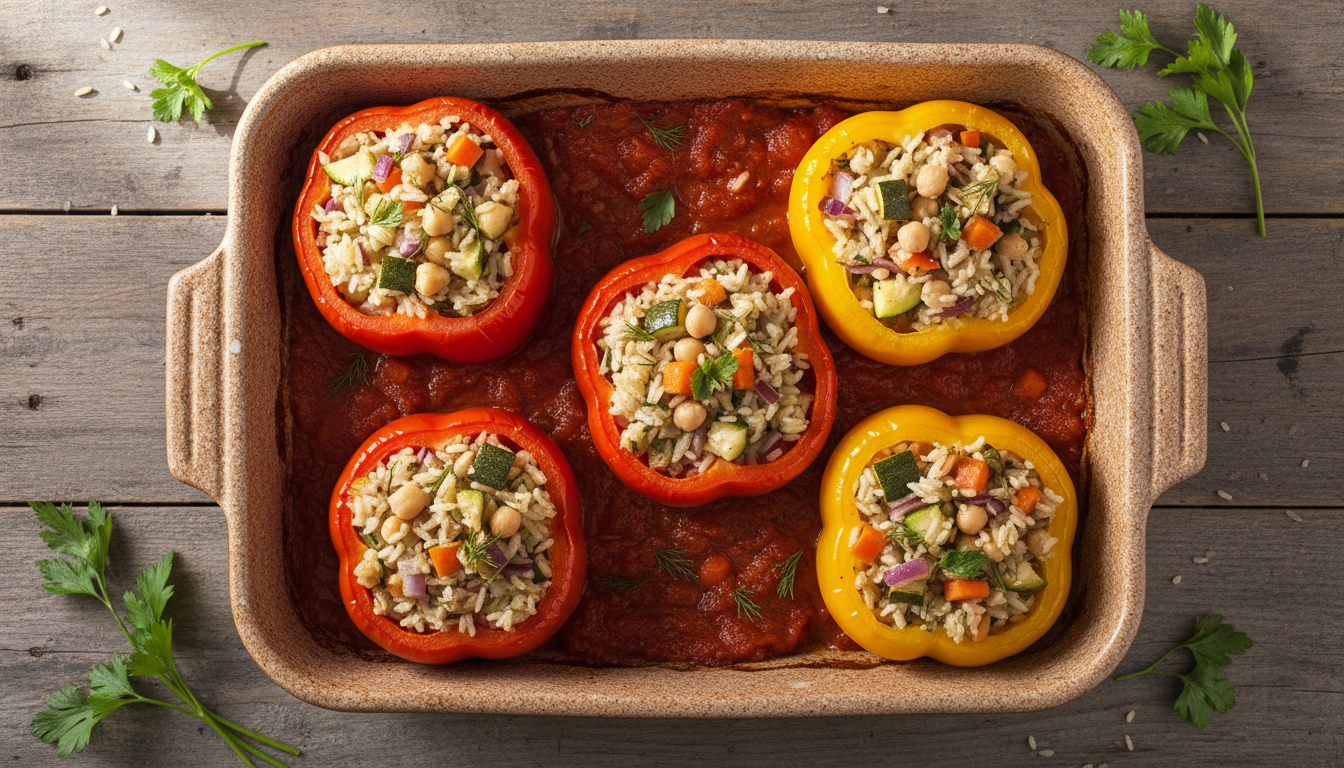 Фаршированный перец с рисом и овощами на деревянном столе